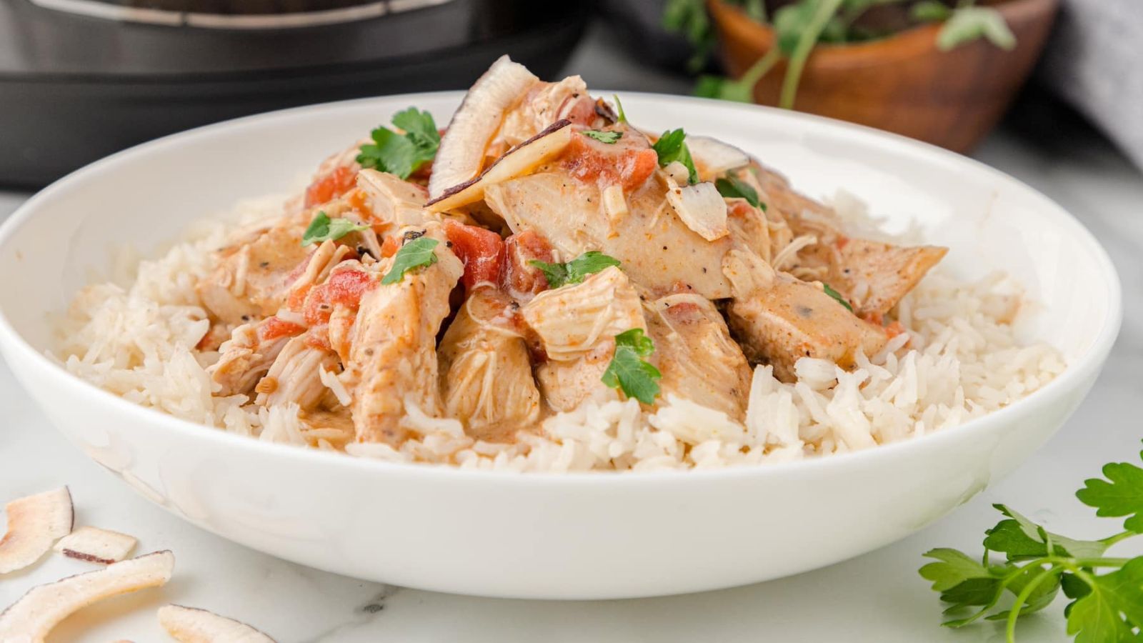 White bowl filled with rice and chicken curry.