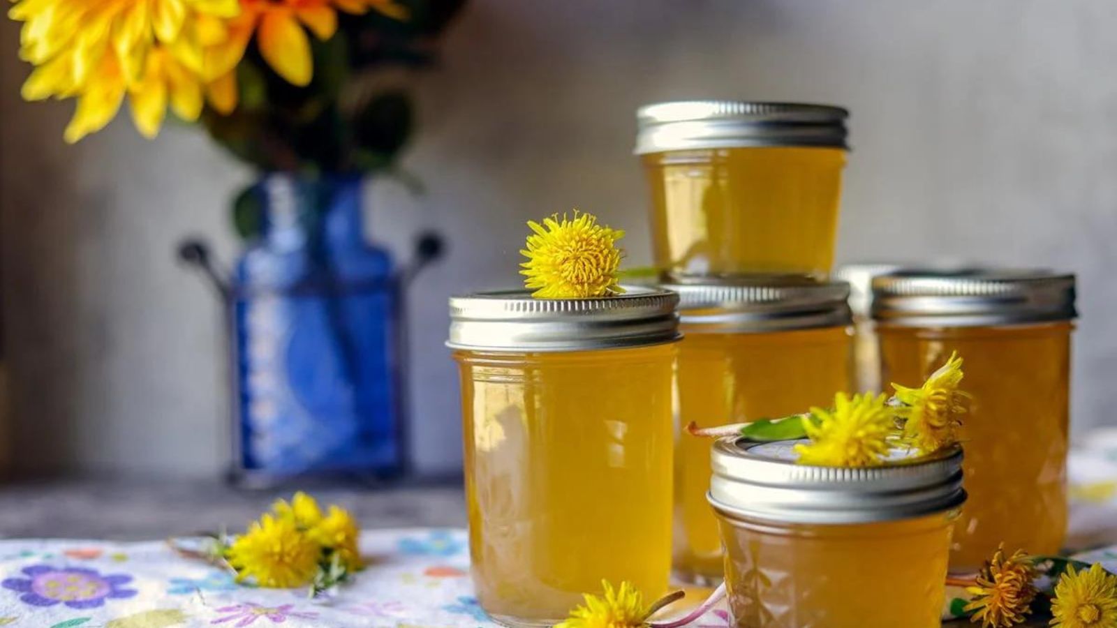 Jars of dandelion jelly with dandelion flowers.
