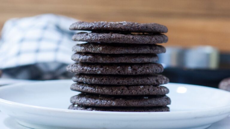 Stack of chocolate cookies on a white plate.