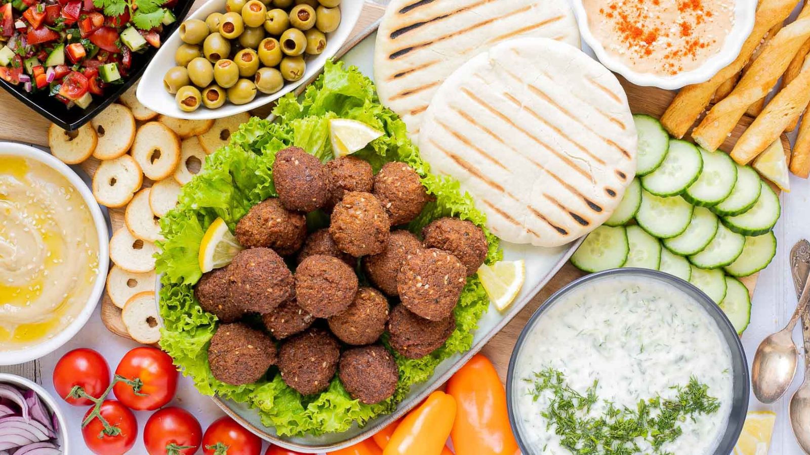 Falafel Platter with tzatziki, hummus and veggies. 