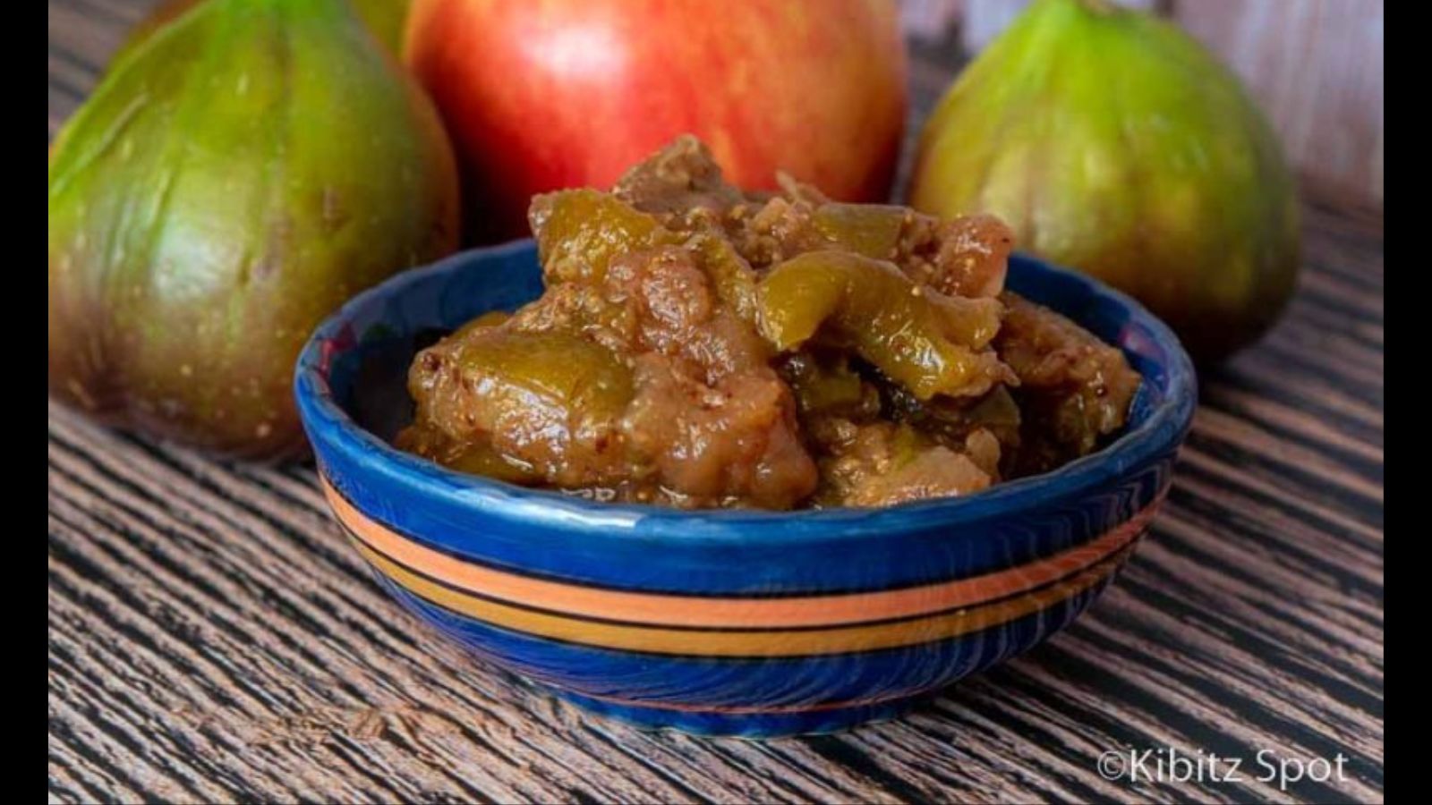Fig Chutney in a blue bowl.