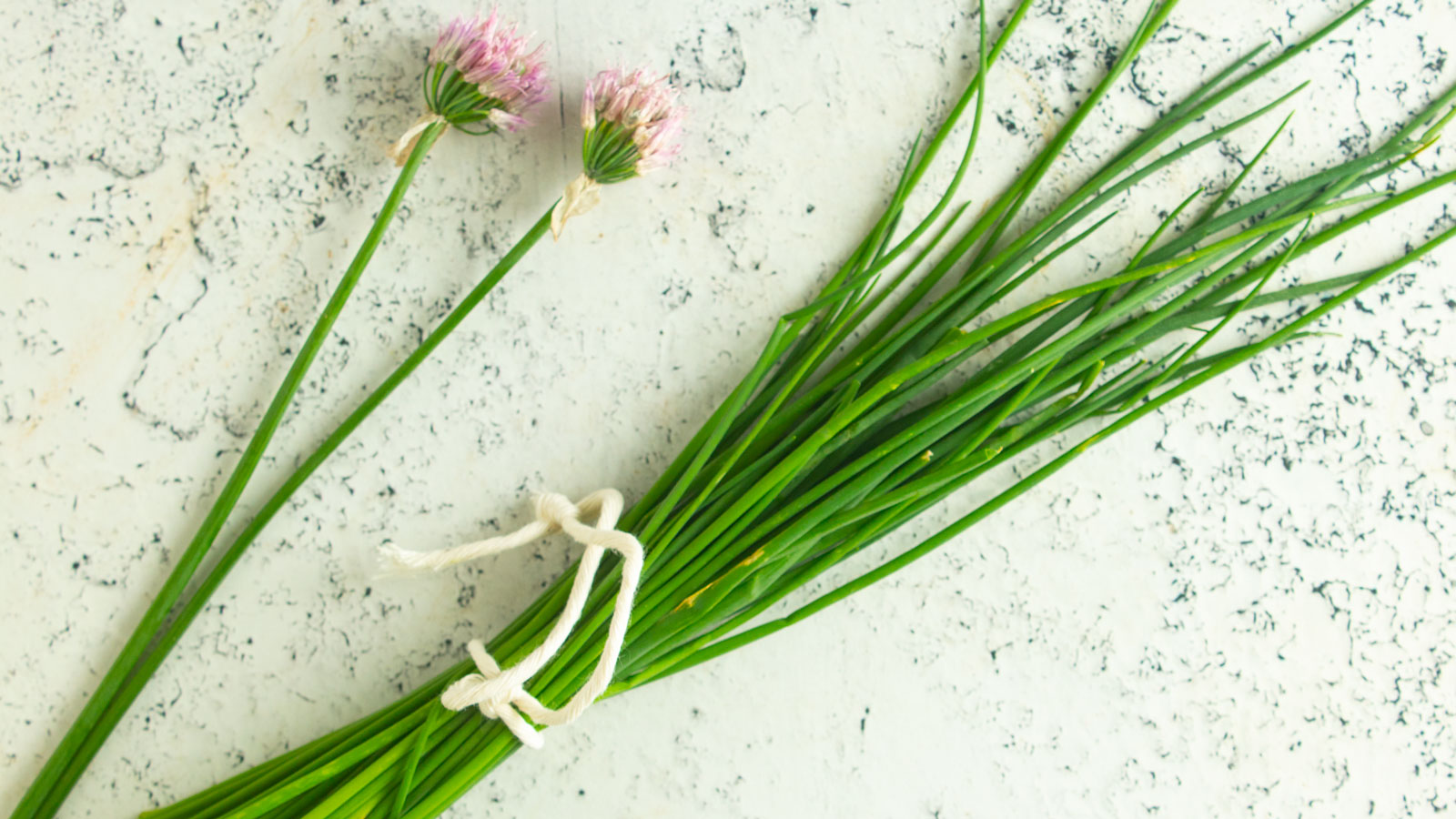 Small bundle of chive leaves next to flower heads.
