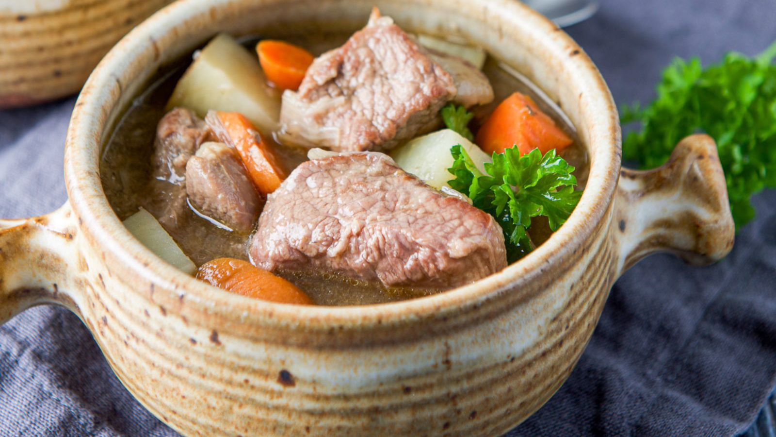 Bowl of lamb stew with colorful vegetables.