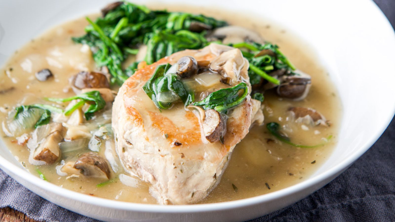 Pork Chops with gravy and greens.
