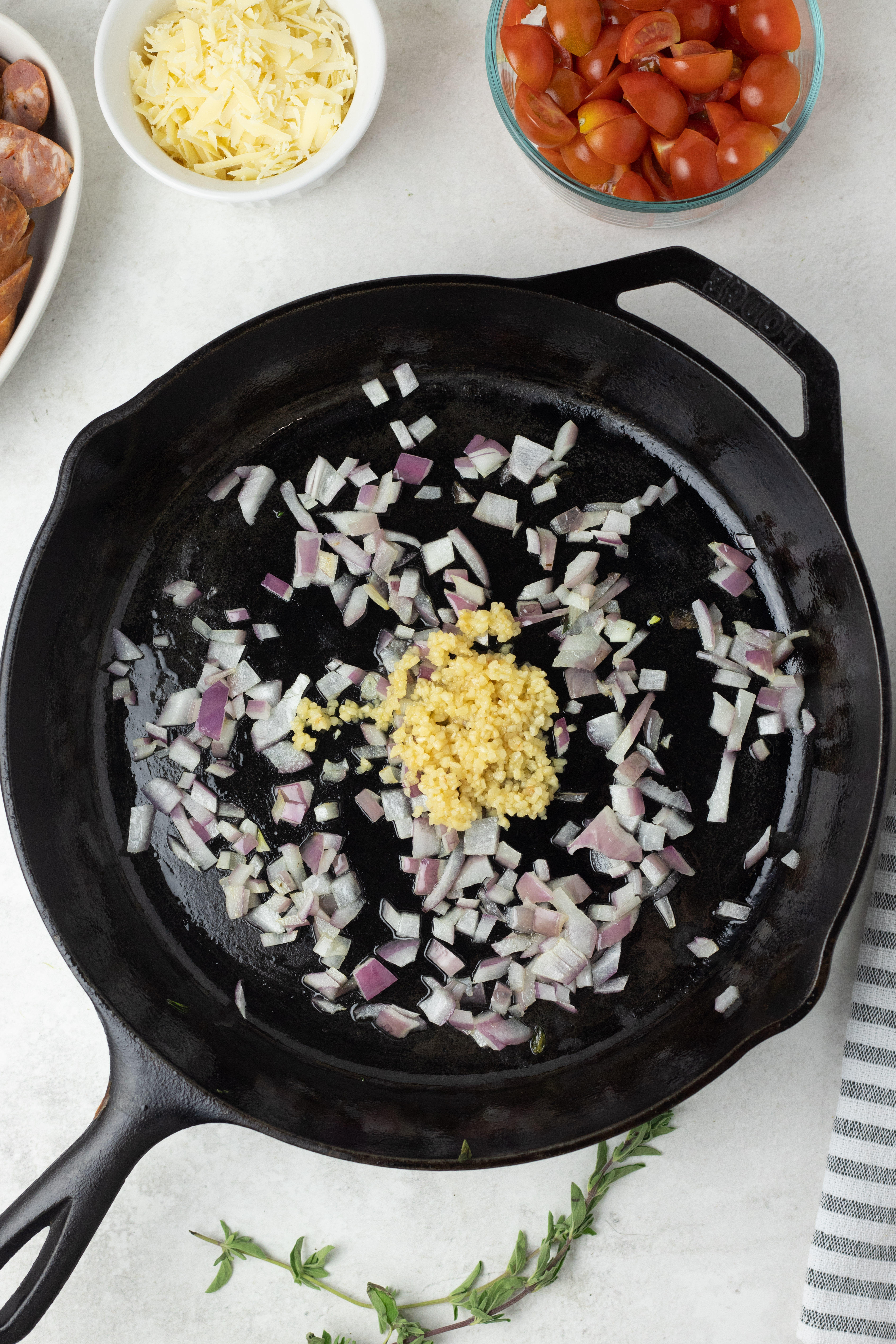 Onion and garlic in the skillet browning.