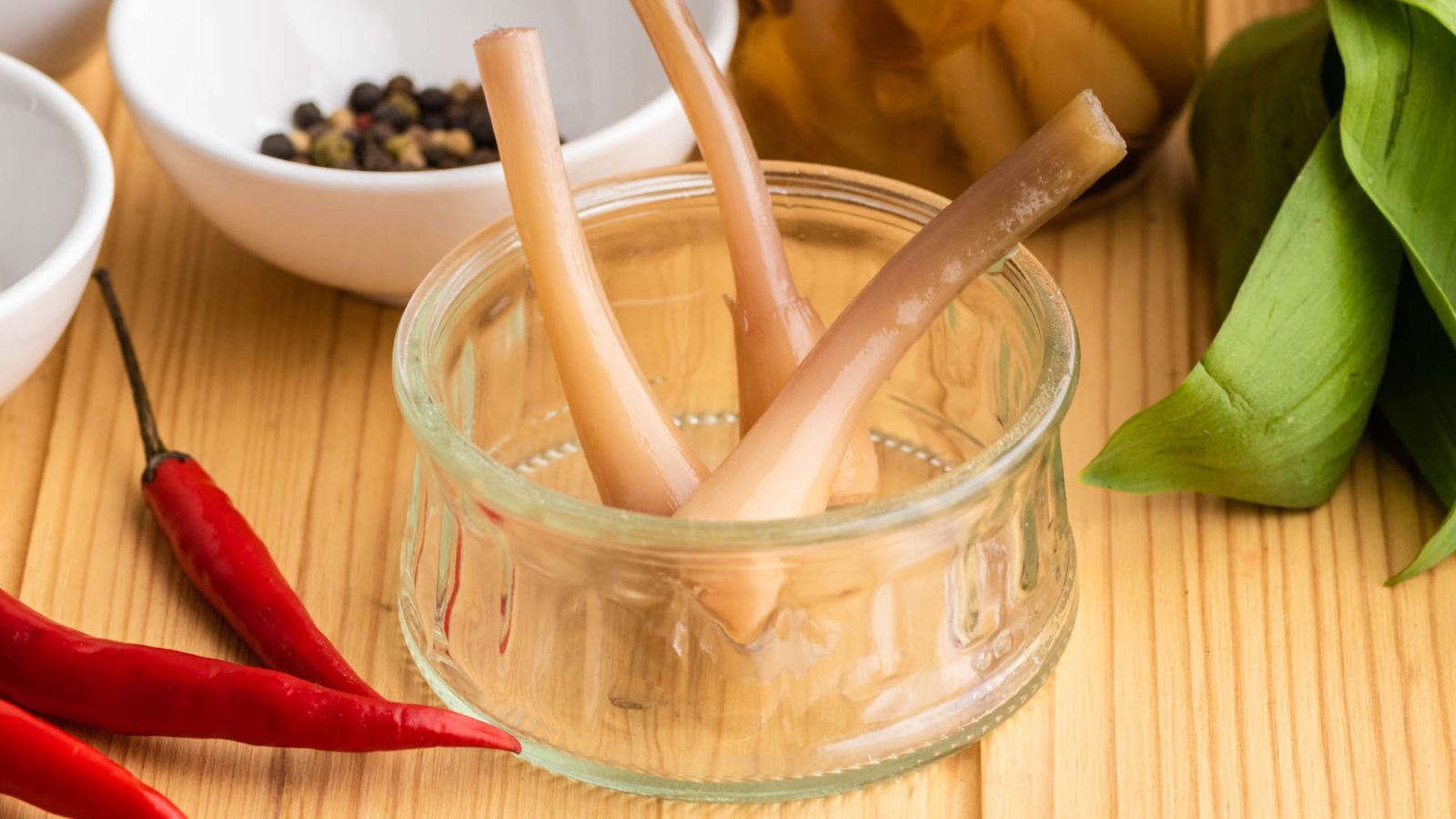 Pickled Ramps in a glass bowl.