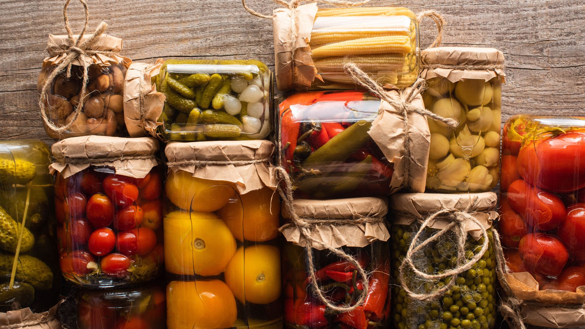 Assorted jars of pickles on a wooden board.