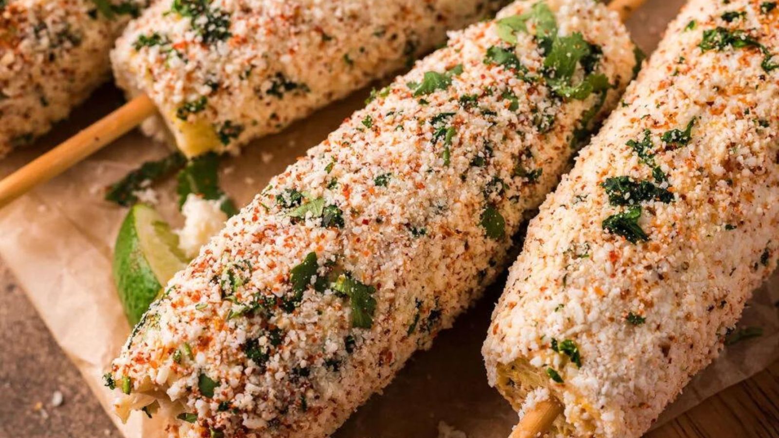 Corn cobs coated in cheese, herbs and spices- elote.