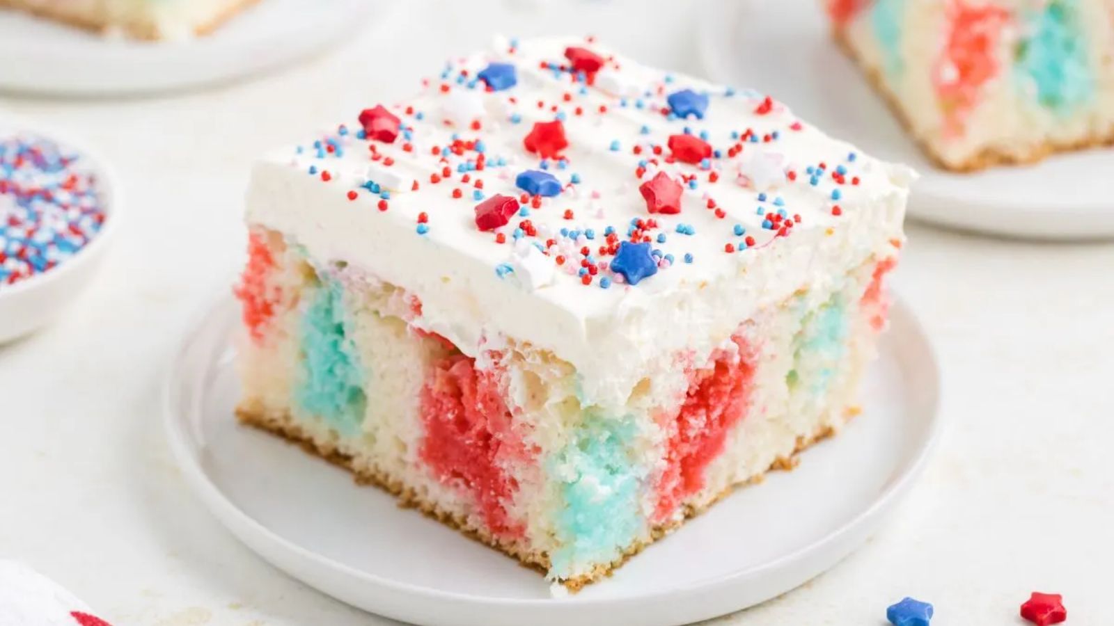 Poke cake on a plate.