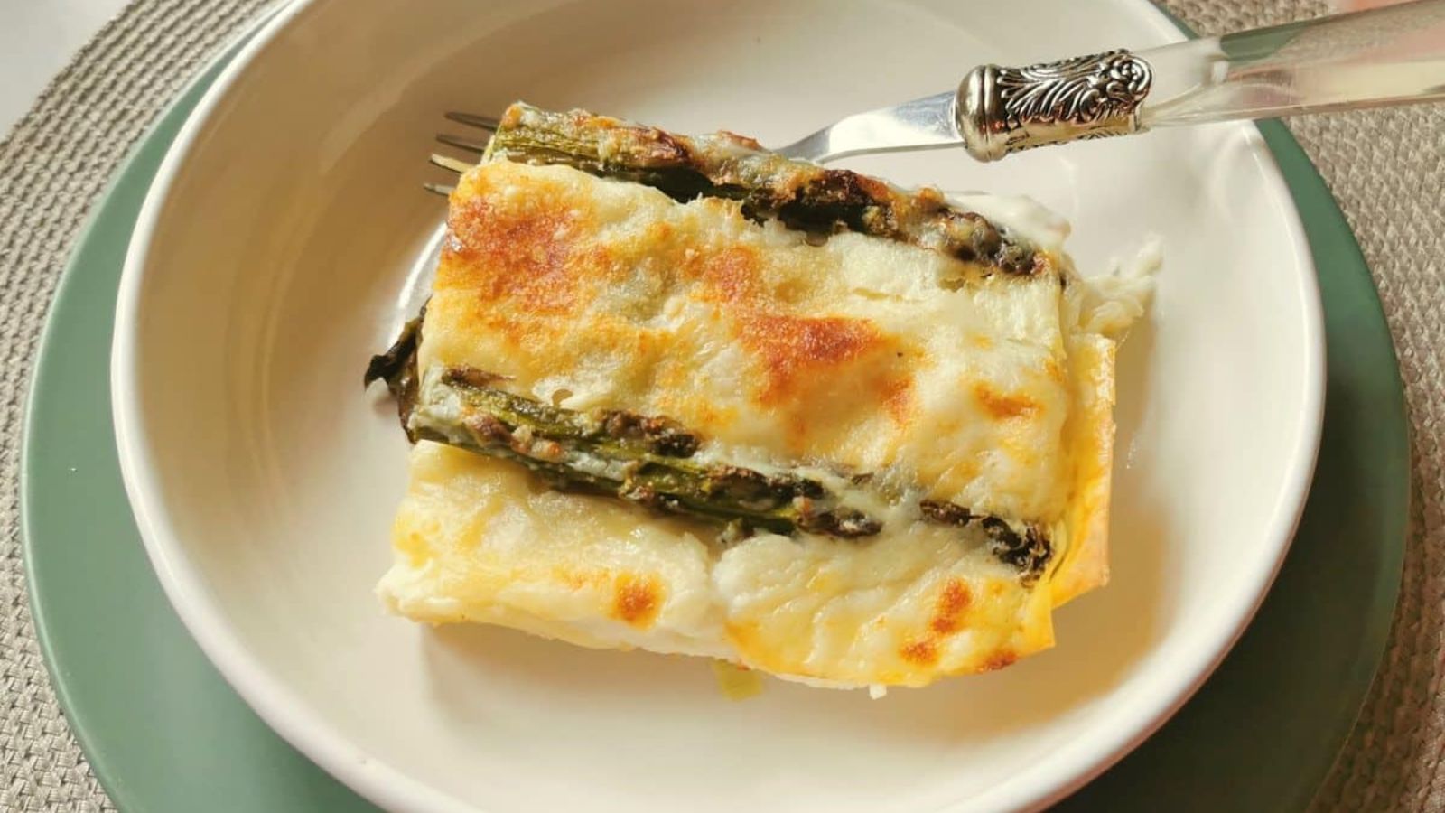 Asparagus lasagna on a plate.