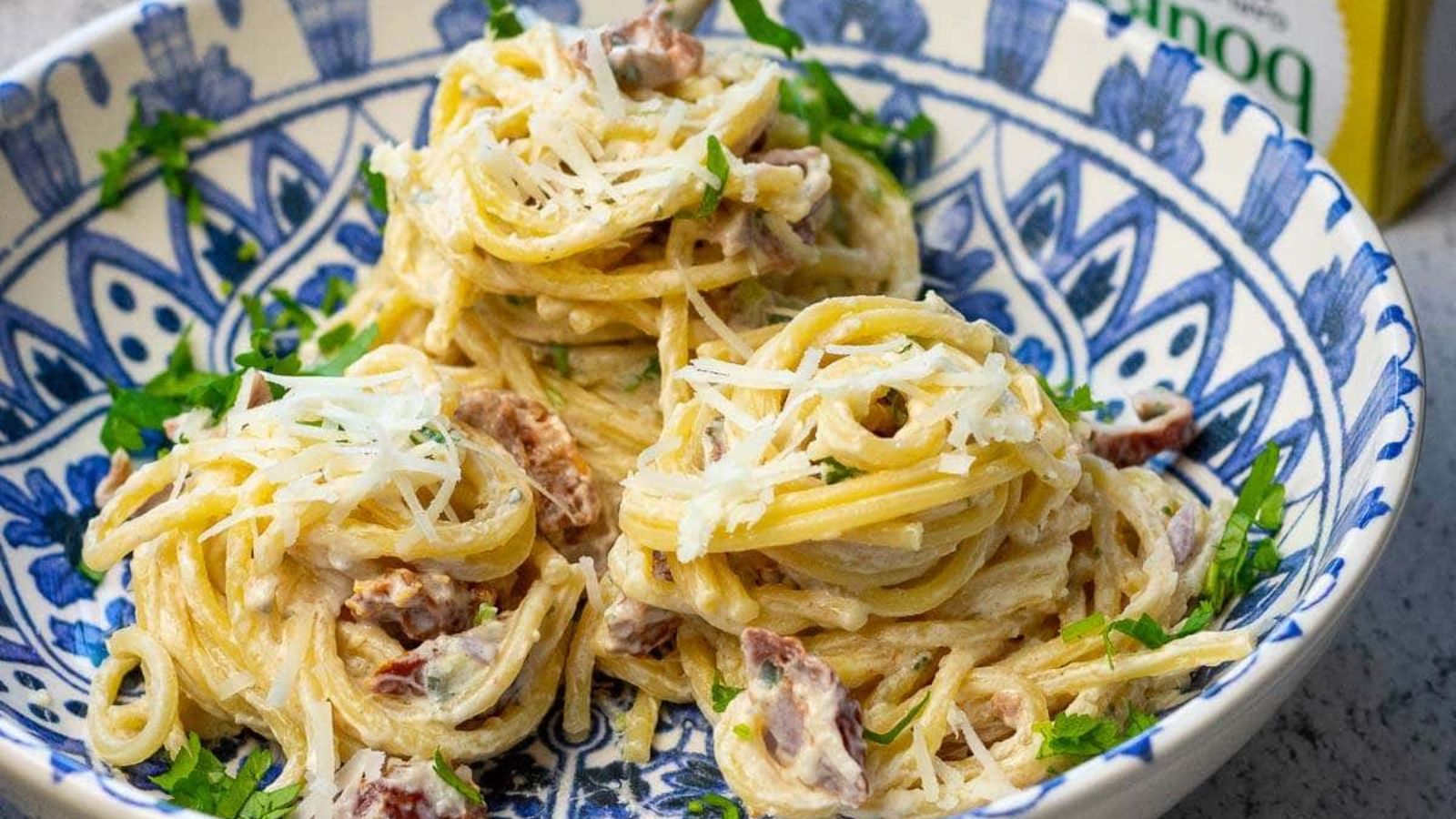 Boursin pasta in a bowl.