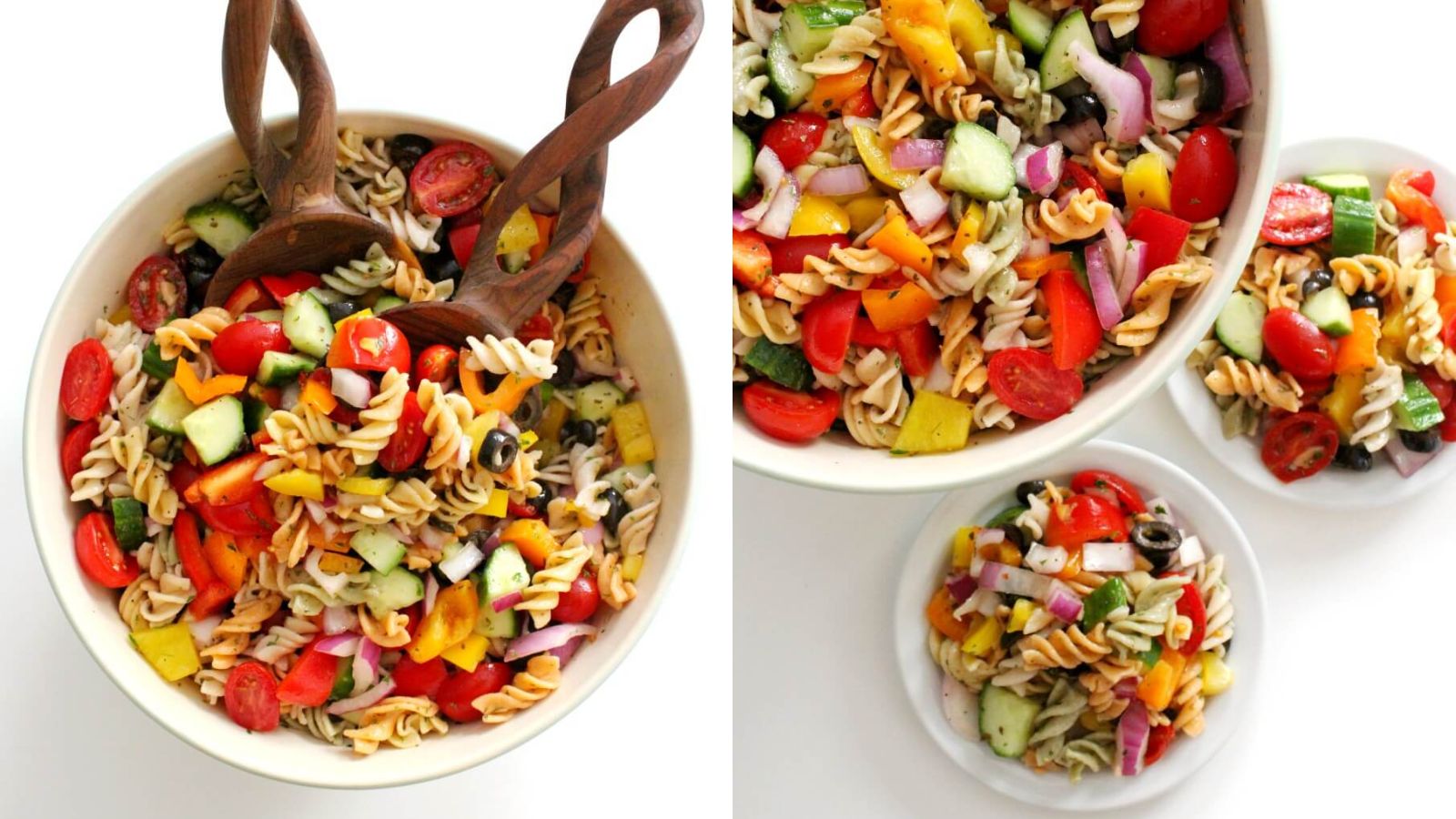 Pasta salad in a bowl and plate.