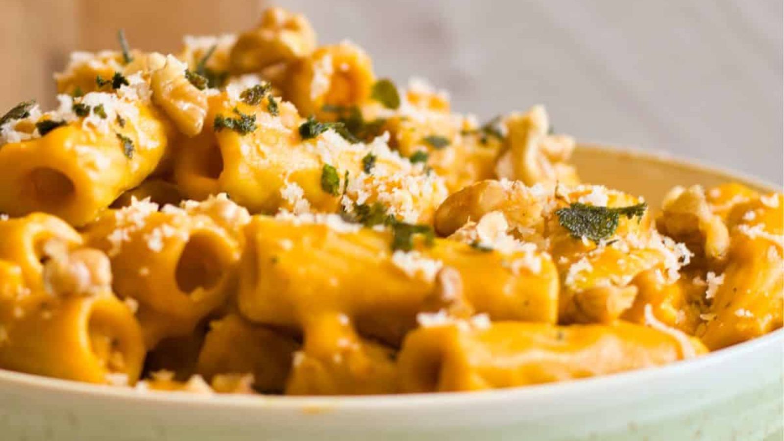 Pumpkin pasta on a plate.
