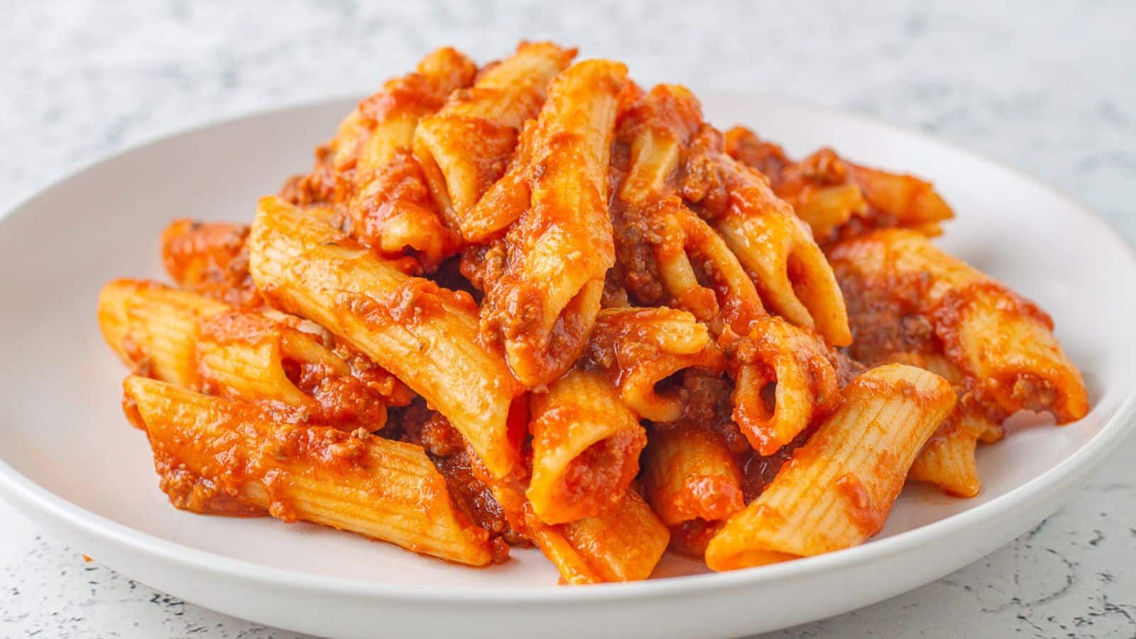 Ground beef goulash on a plate.