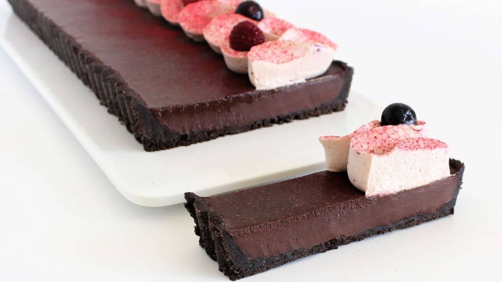Ganache tart on a white background.