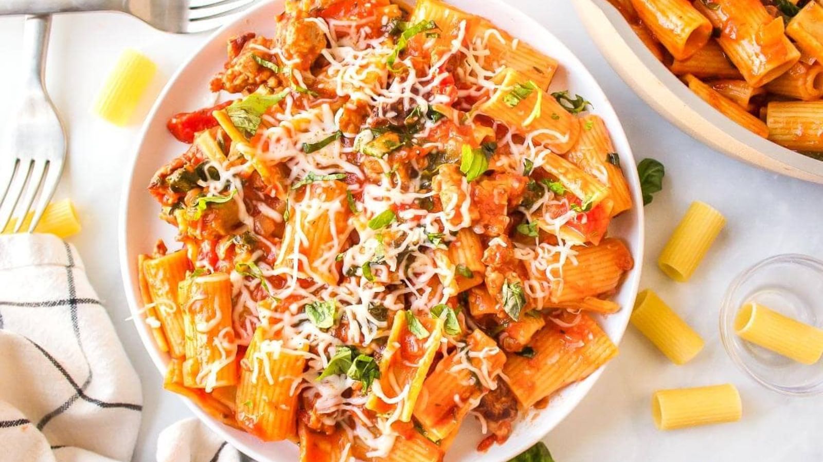 Sausage rigatoni on a plate.