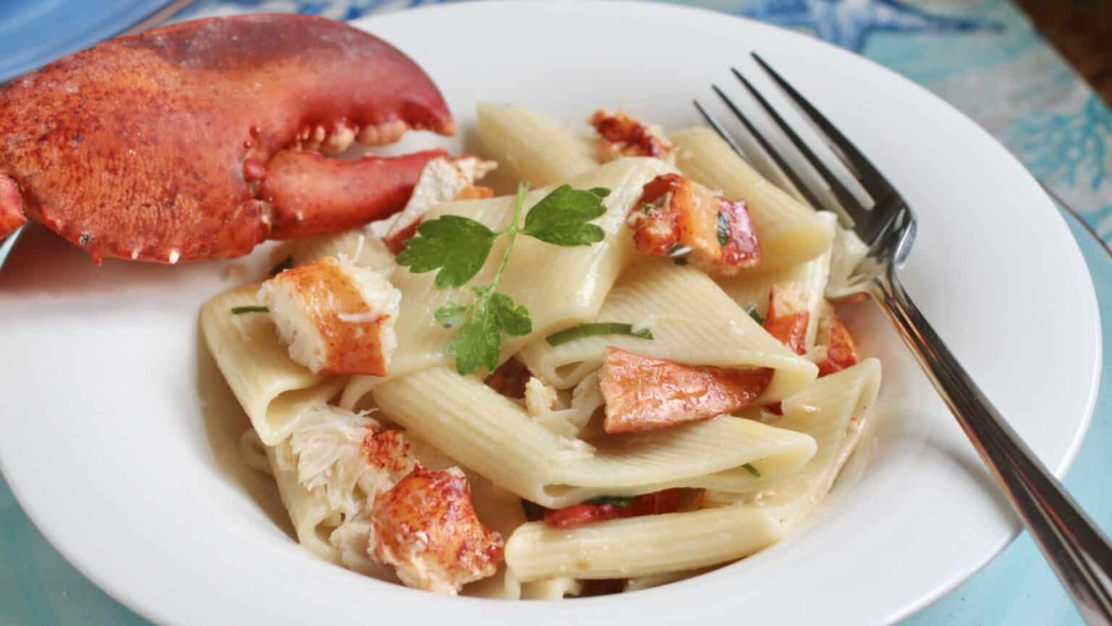 Lobster pasta on a plate.