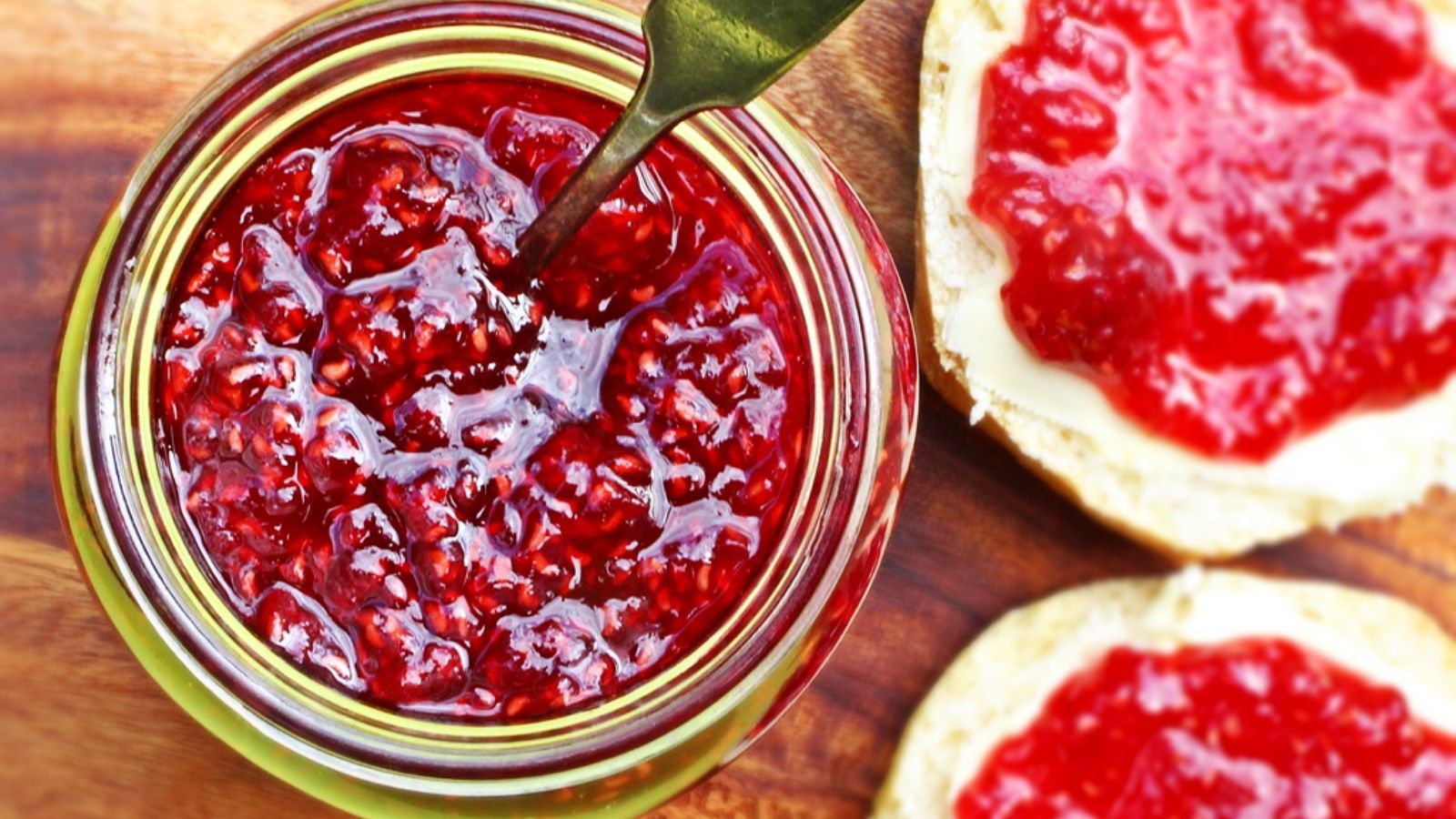 Raspberry jam in a jar.