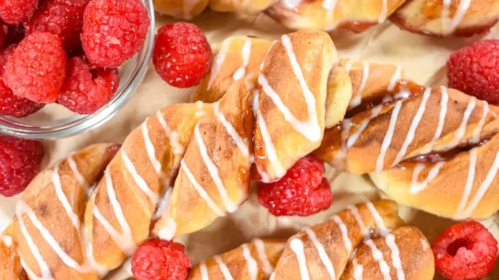 Raspberry bread twists close up shot.