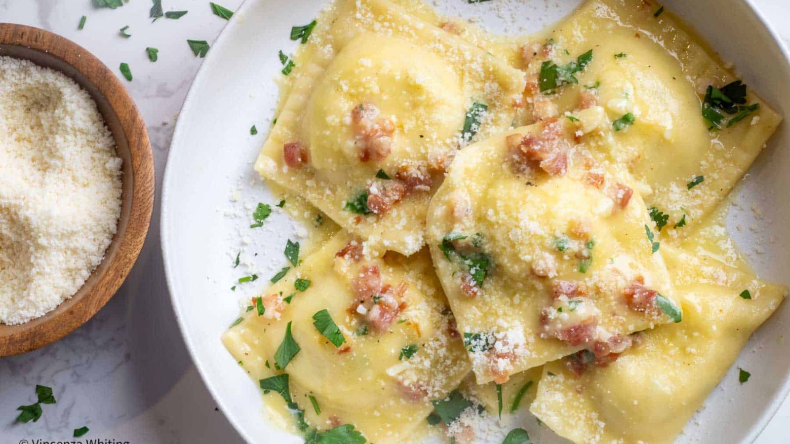 Ravioli carbonara on a plate.