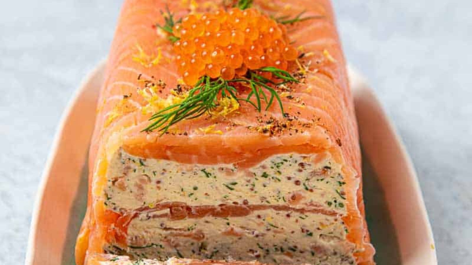 Salmon terrine on a plate.
