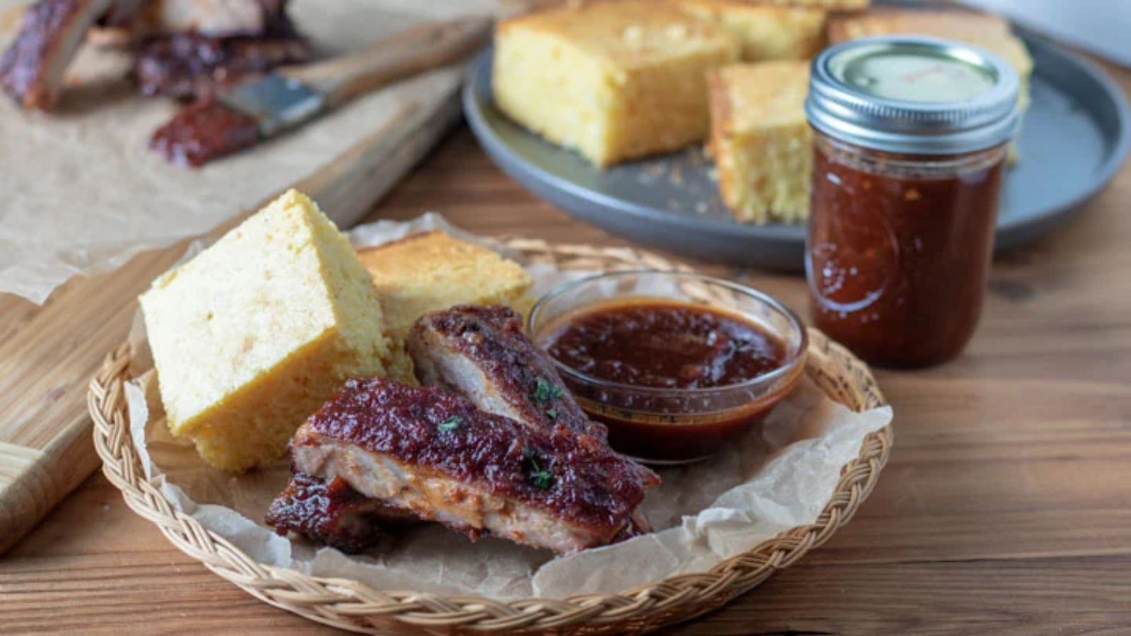 Sliced ribs on wicker plate with cornbread.
