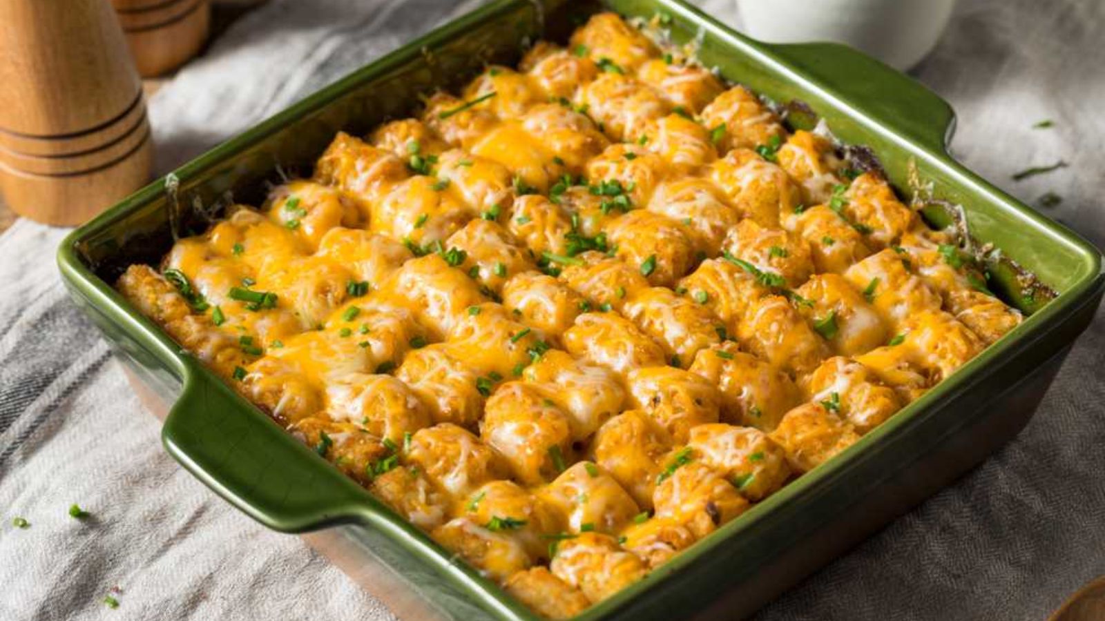 Tater tot casserole on a tray.
