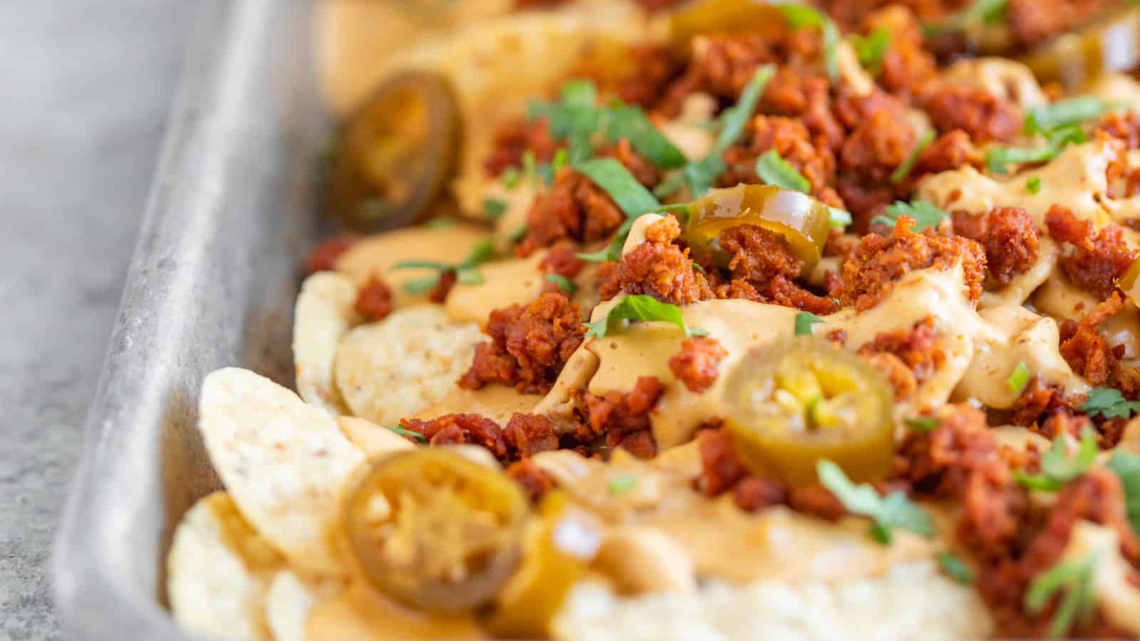 Vegan nachos on a tray.