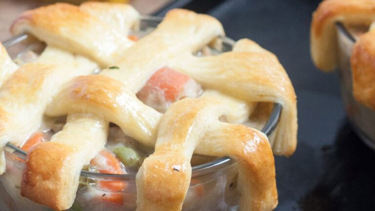 Close up shot of chicken pot pie.