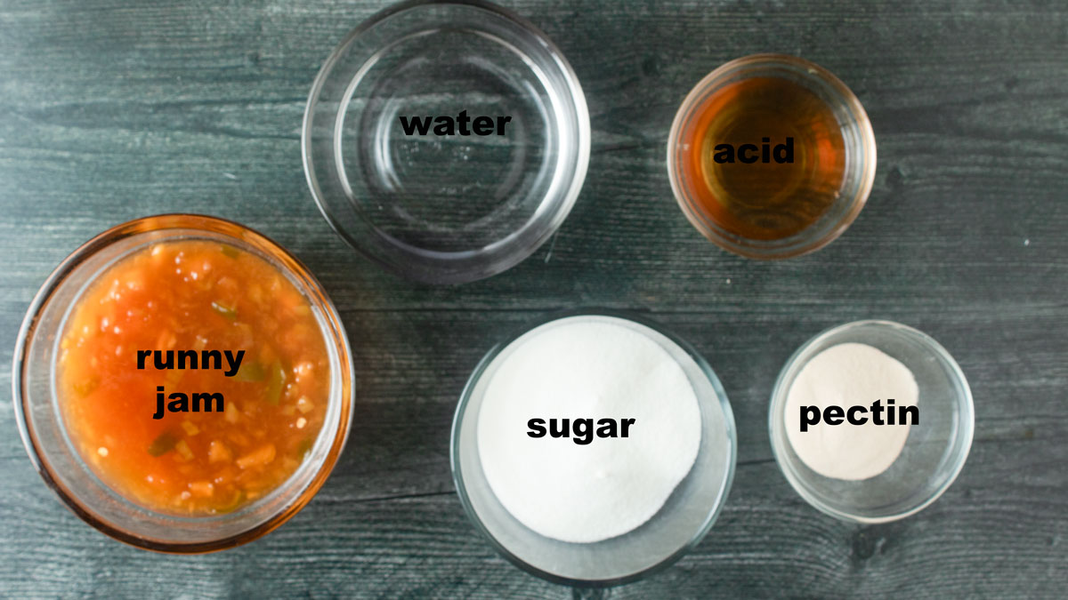 Ingredients needed to fix runny jam. See recipe below for details.