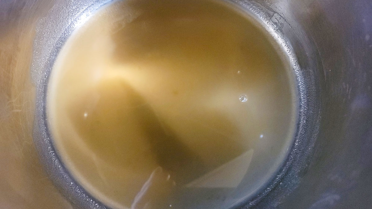 Mixture heating in the saucepan.