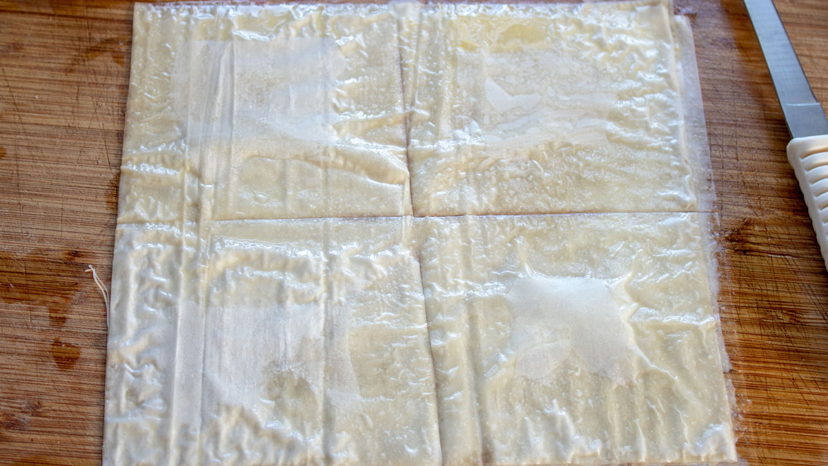 Phyllo sheets prepared and cut into large squares.