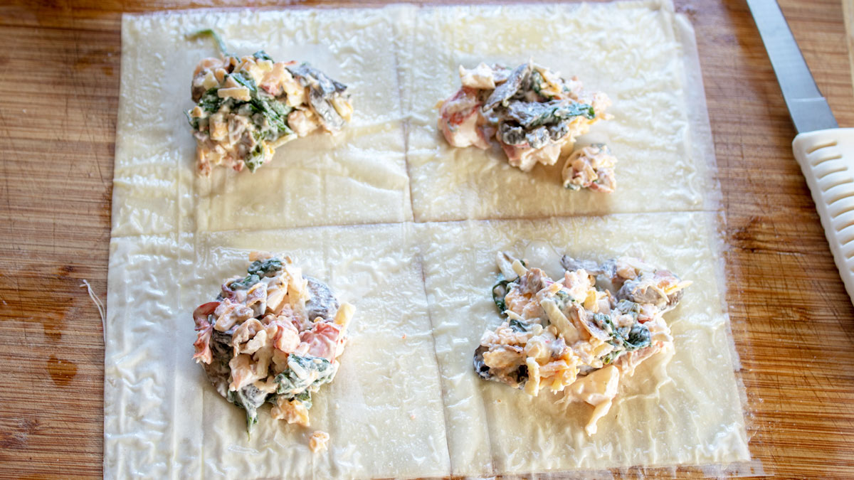 Lobster filling added to the center of the phyllo squares.
