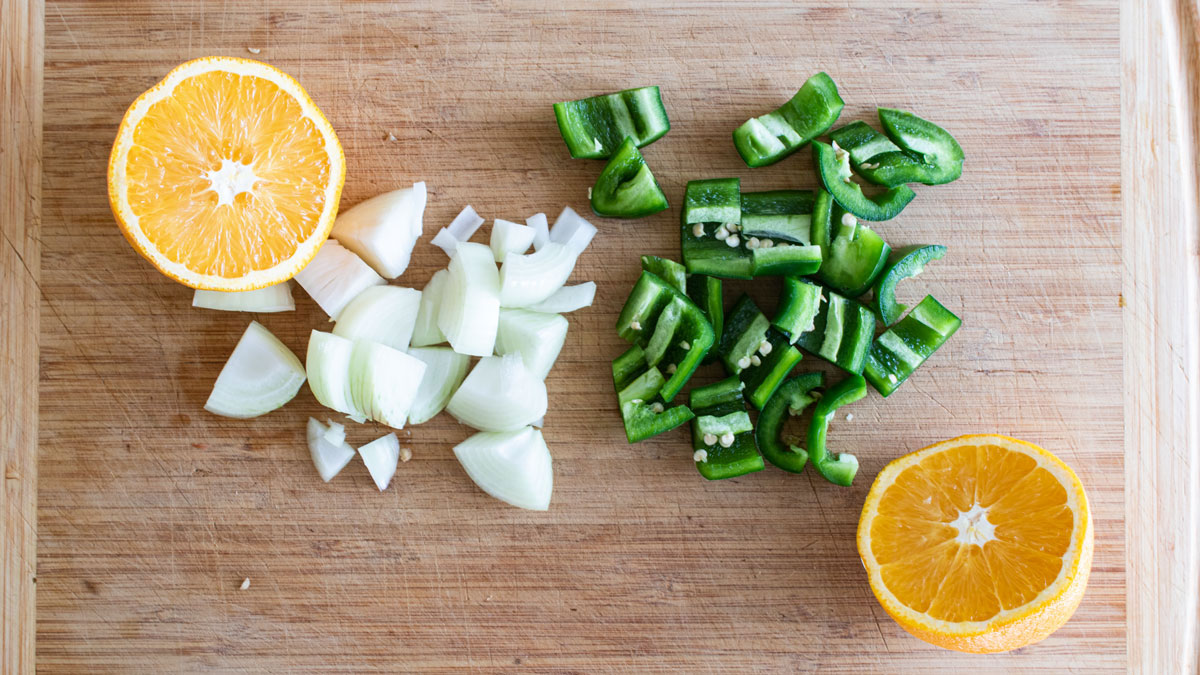 Rough chopped onion and pepper.