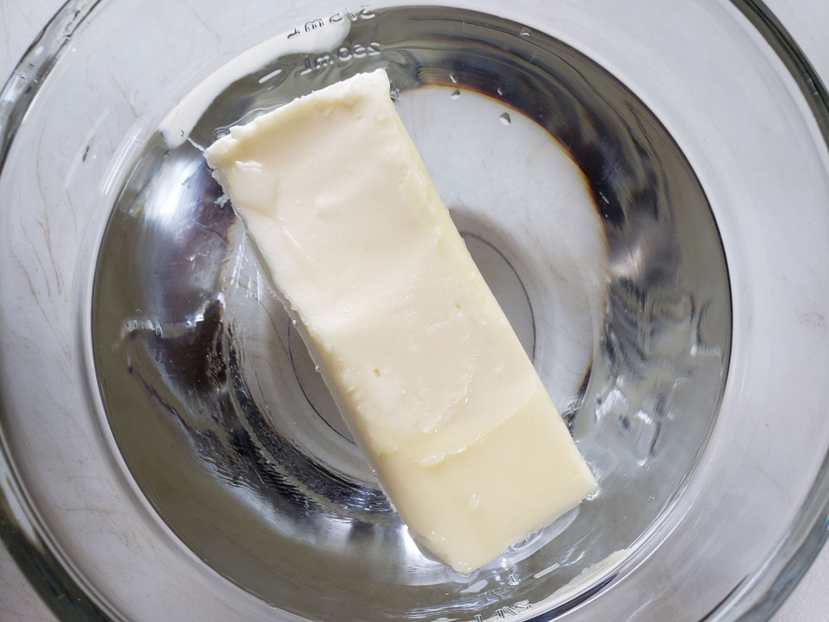 water and butter in a glass bowl.