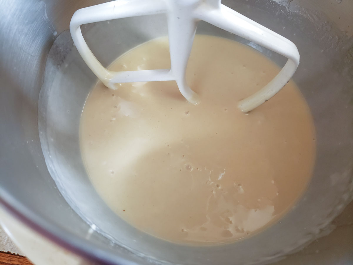 Mixing bowl with the beginning of the dough in it.