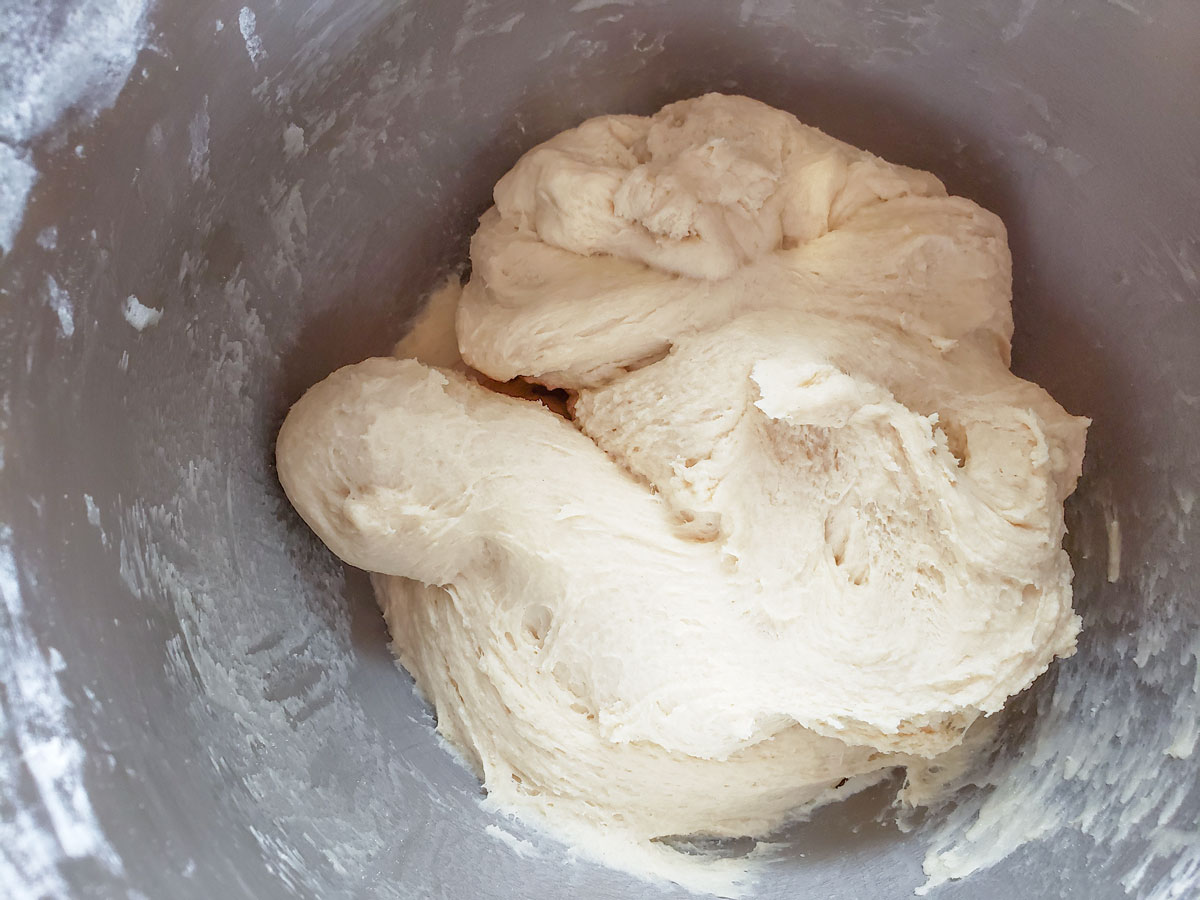 Smooth, elastic dough formed after kneading.