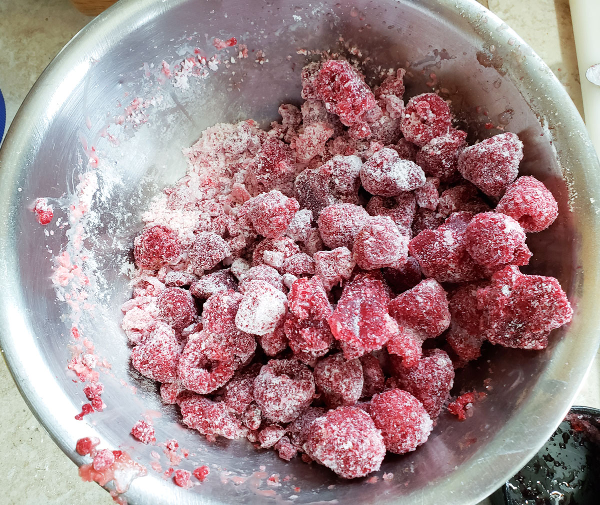 Raspberries mixed with cornstarch.