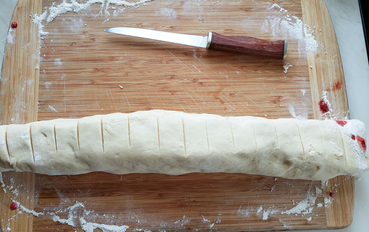 Dough rolled up and scored with even width portions.