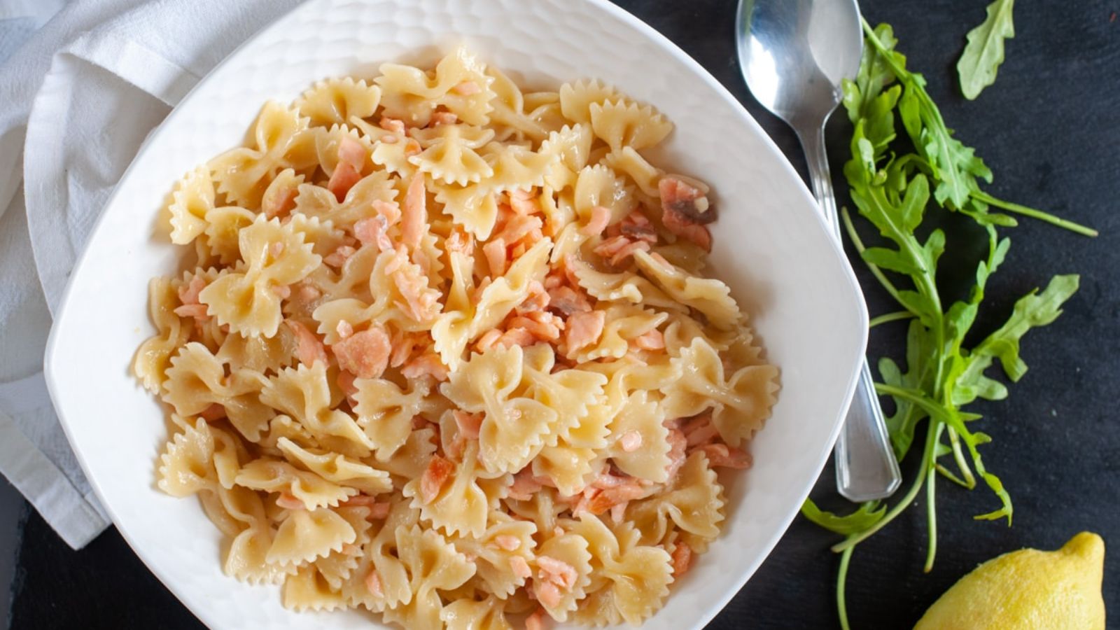 Smoked salmon pasta on a plate.