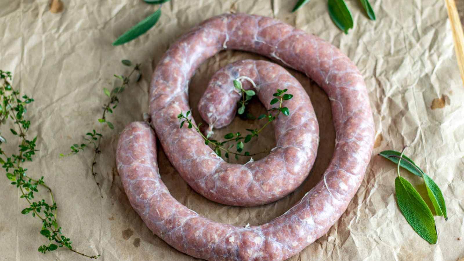 Venison sausage coil with fresh herbs for garnish.