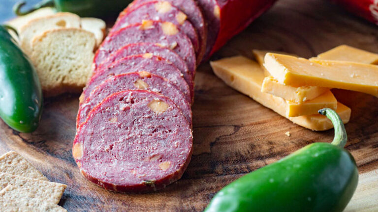 Sliced summer sausage on a wood log board with cheese.