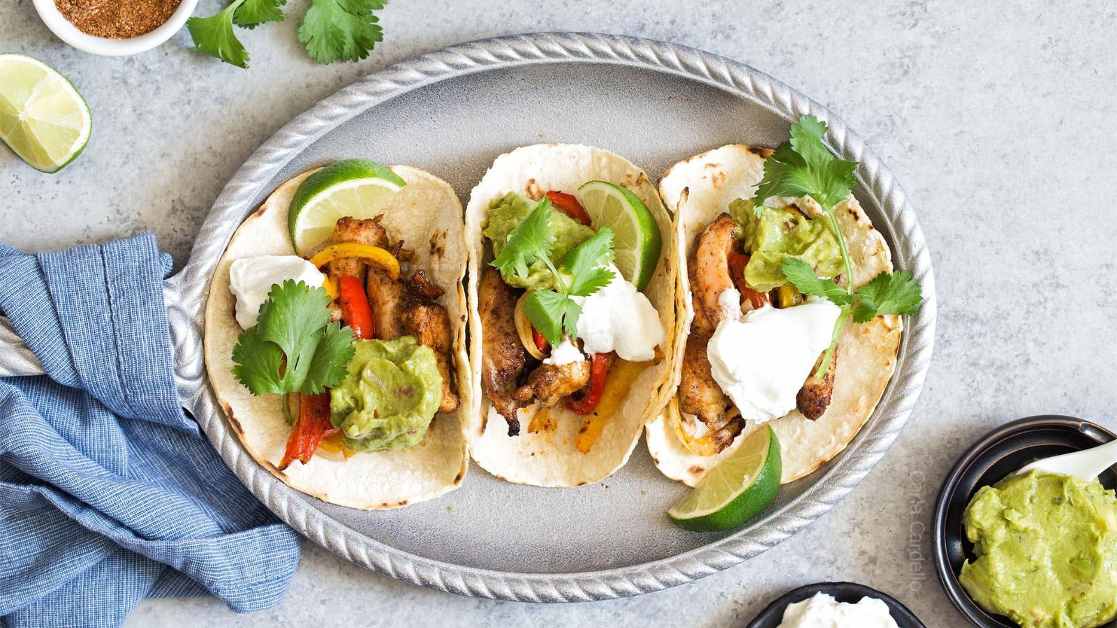 Chicken fajitas on a plate. 