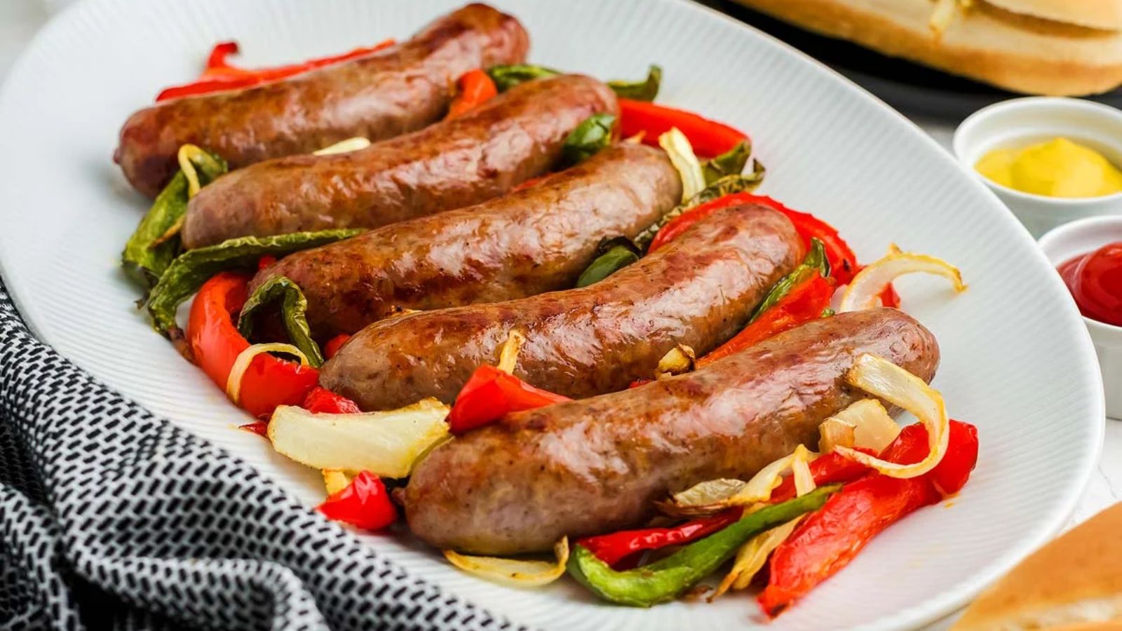 Brats with peppers and onions on a plate.