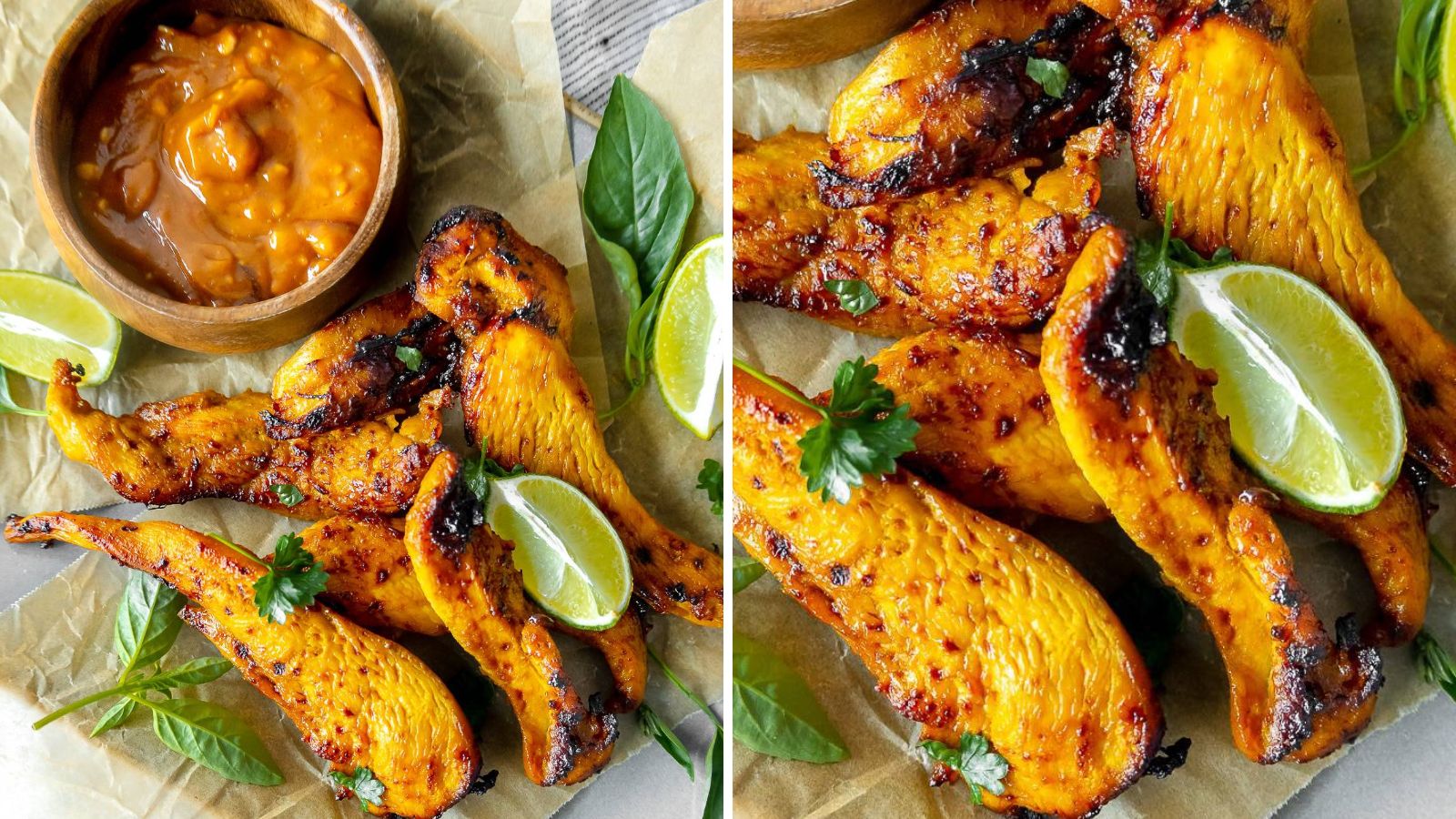 Chicken satay on a plate.