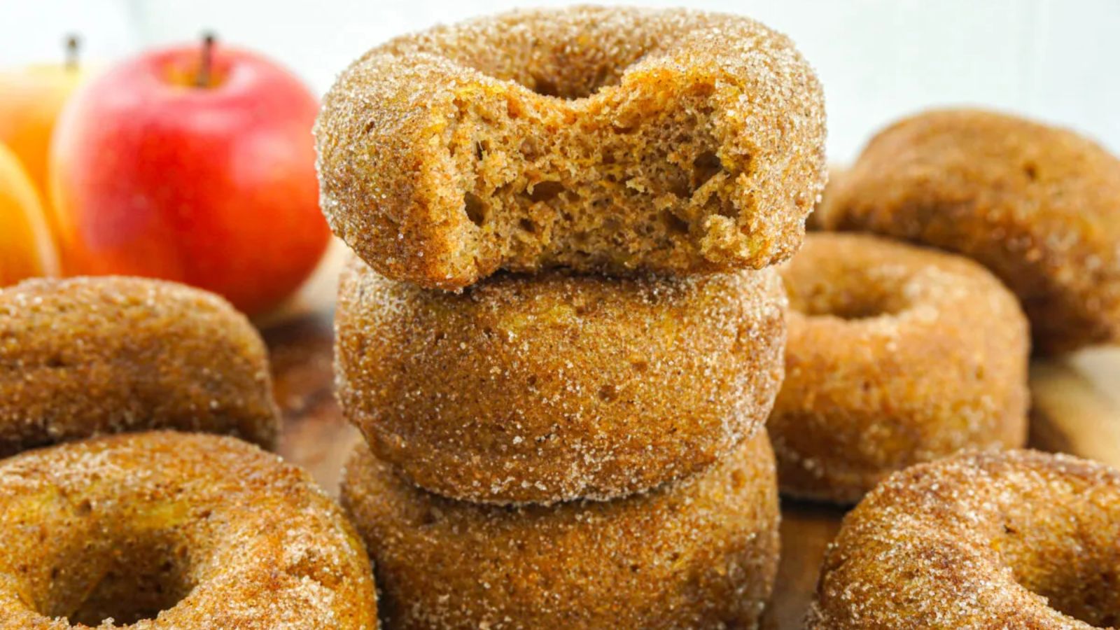 Stack of apple cider doughnuts.