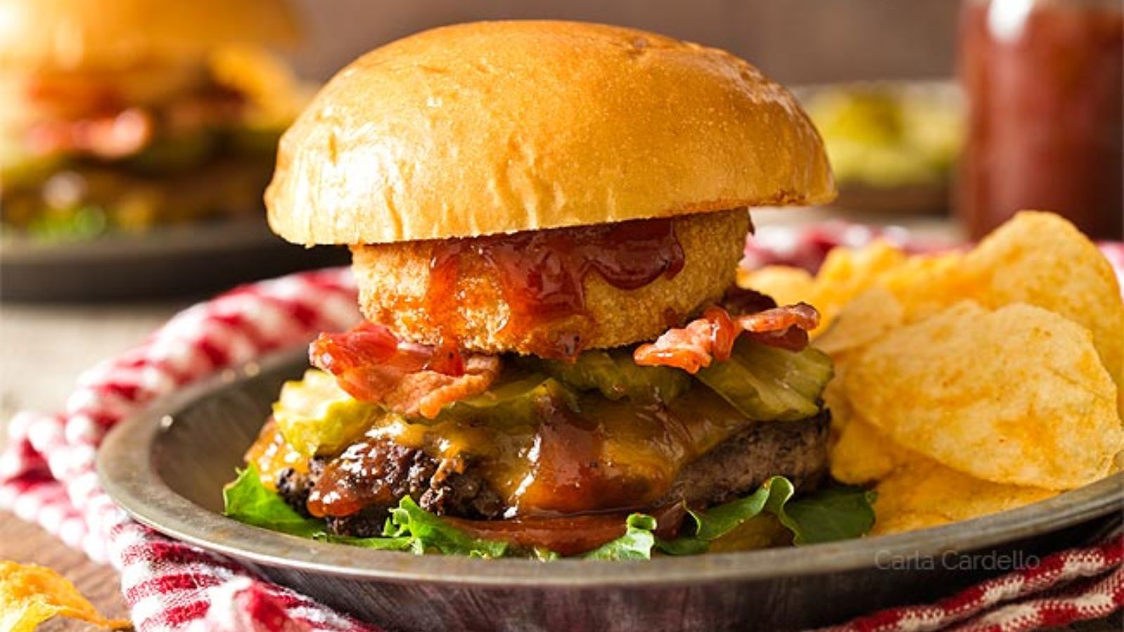Bacon burger on a plate.