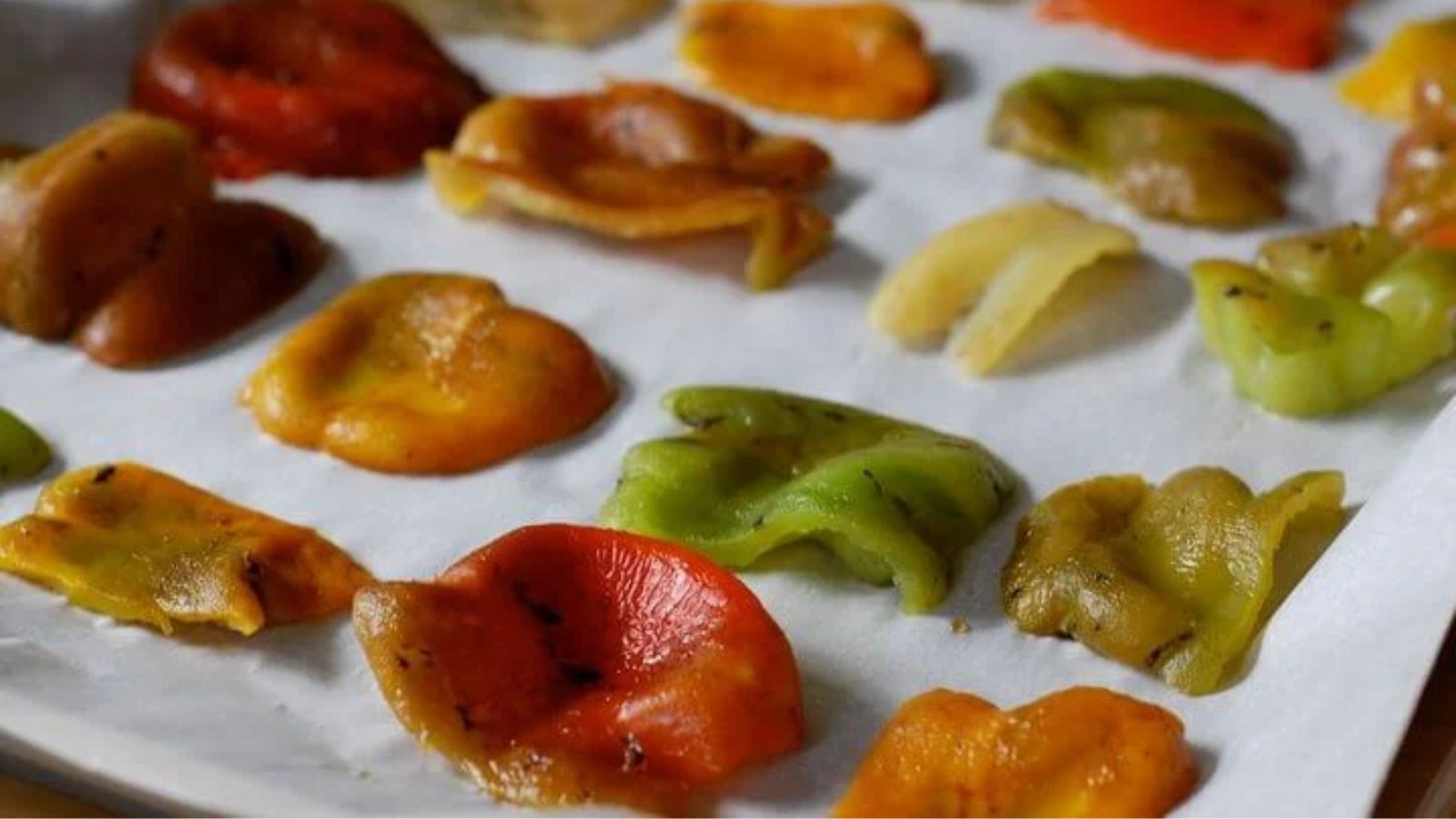 Bell peppers on a tray.