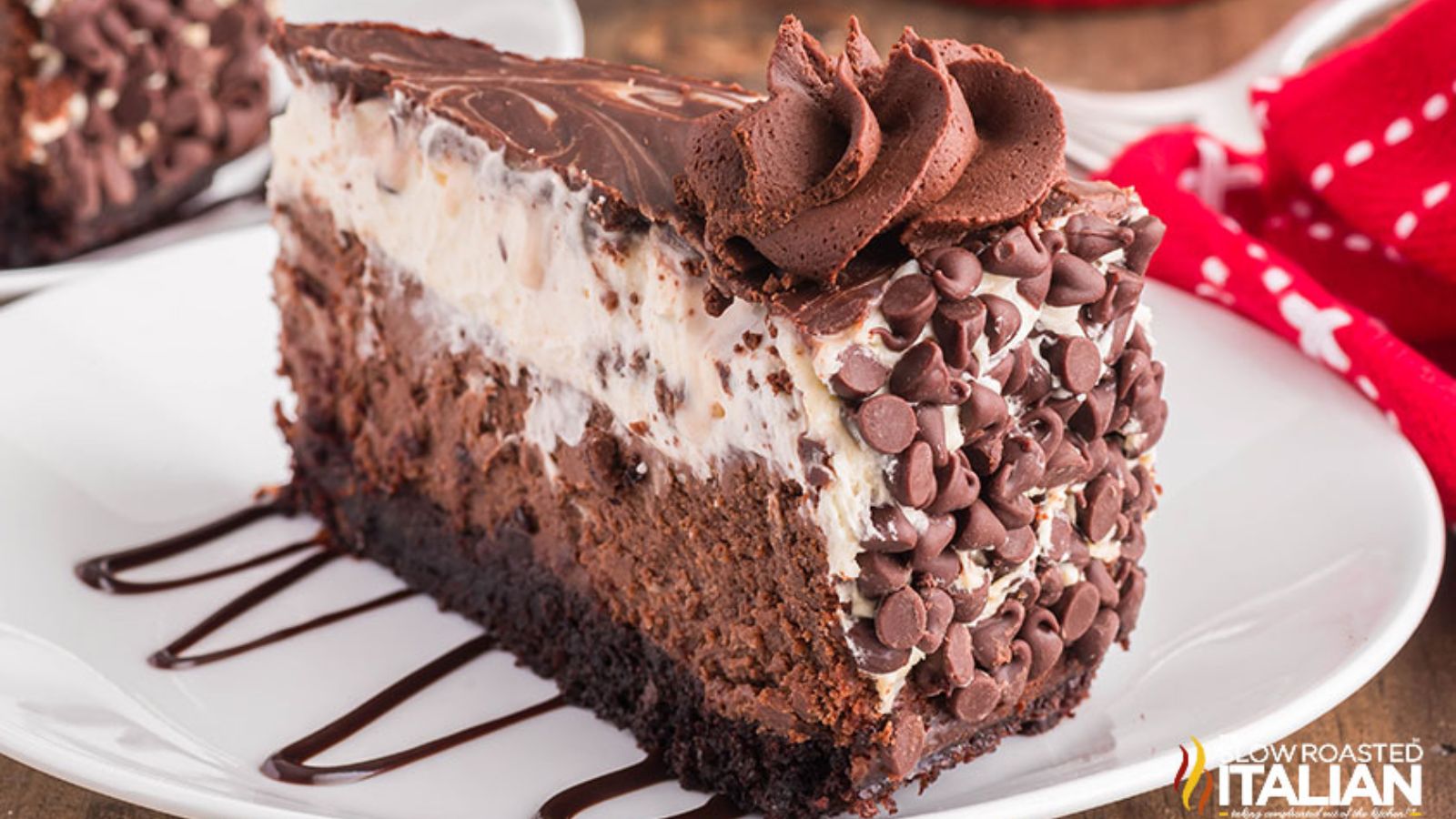 A slice of mousse cake on a plate.