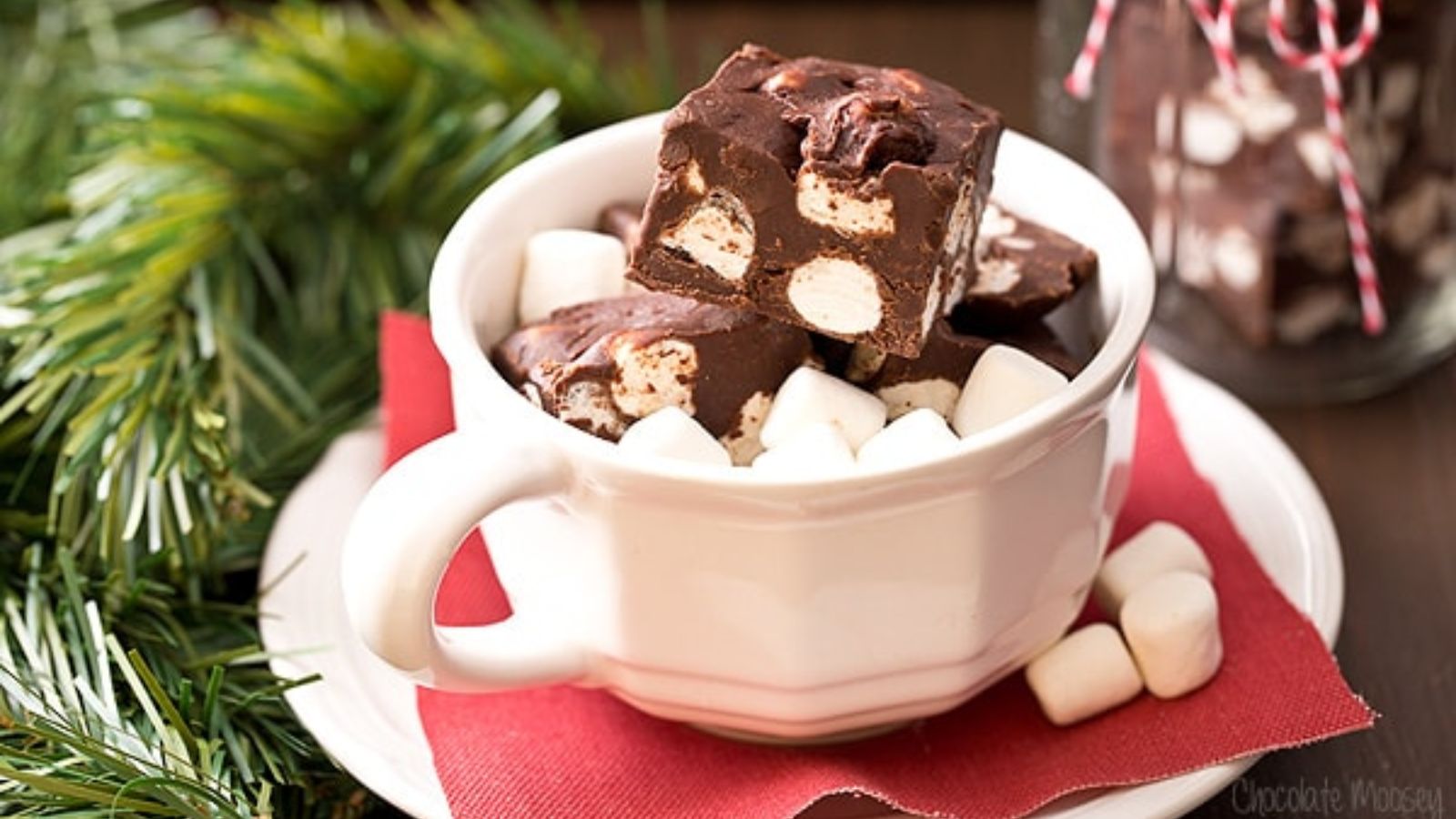 Chocolate marshmallow fudge in a cup.